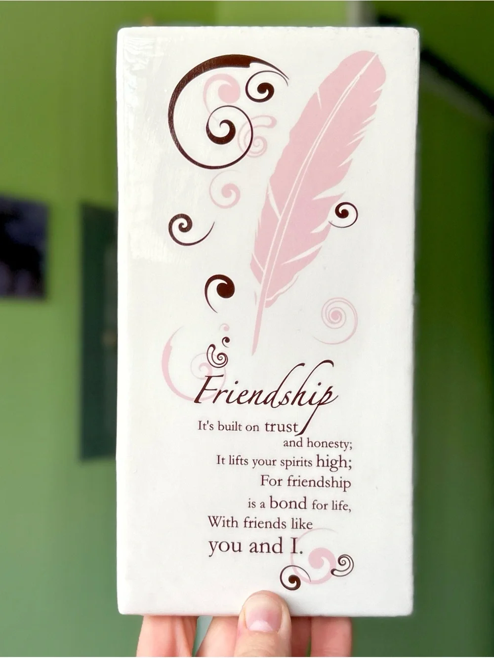 Vintage Friendship Ceramic with Pink Feather and Swirls Design Wall Decor